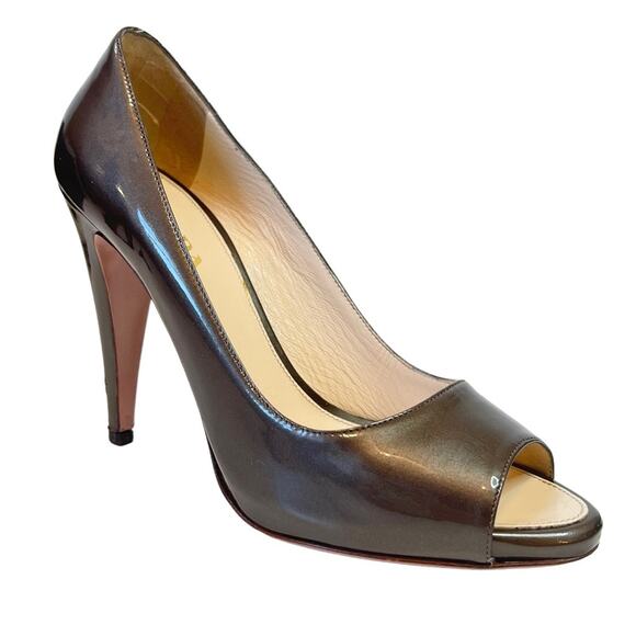 Prada Womens Pantent Leather Napa Silk Sasso Brown Peep Toe Heels With Box 38.5 - Picture 16 of 16